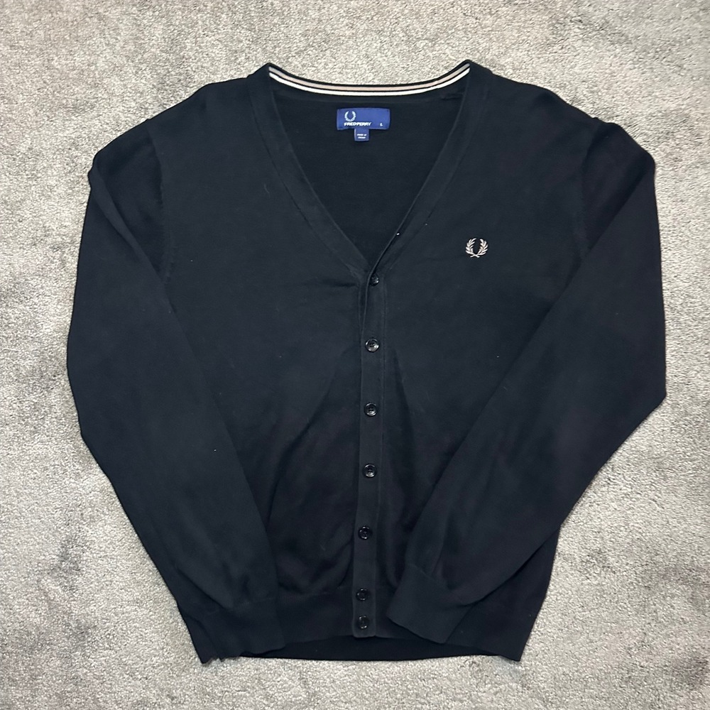 Fred Perry SK2077 Cardigan Mens L Black Cotton V-Neck Laurel Wreath